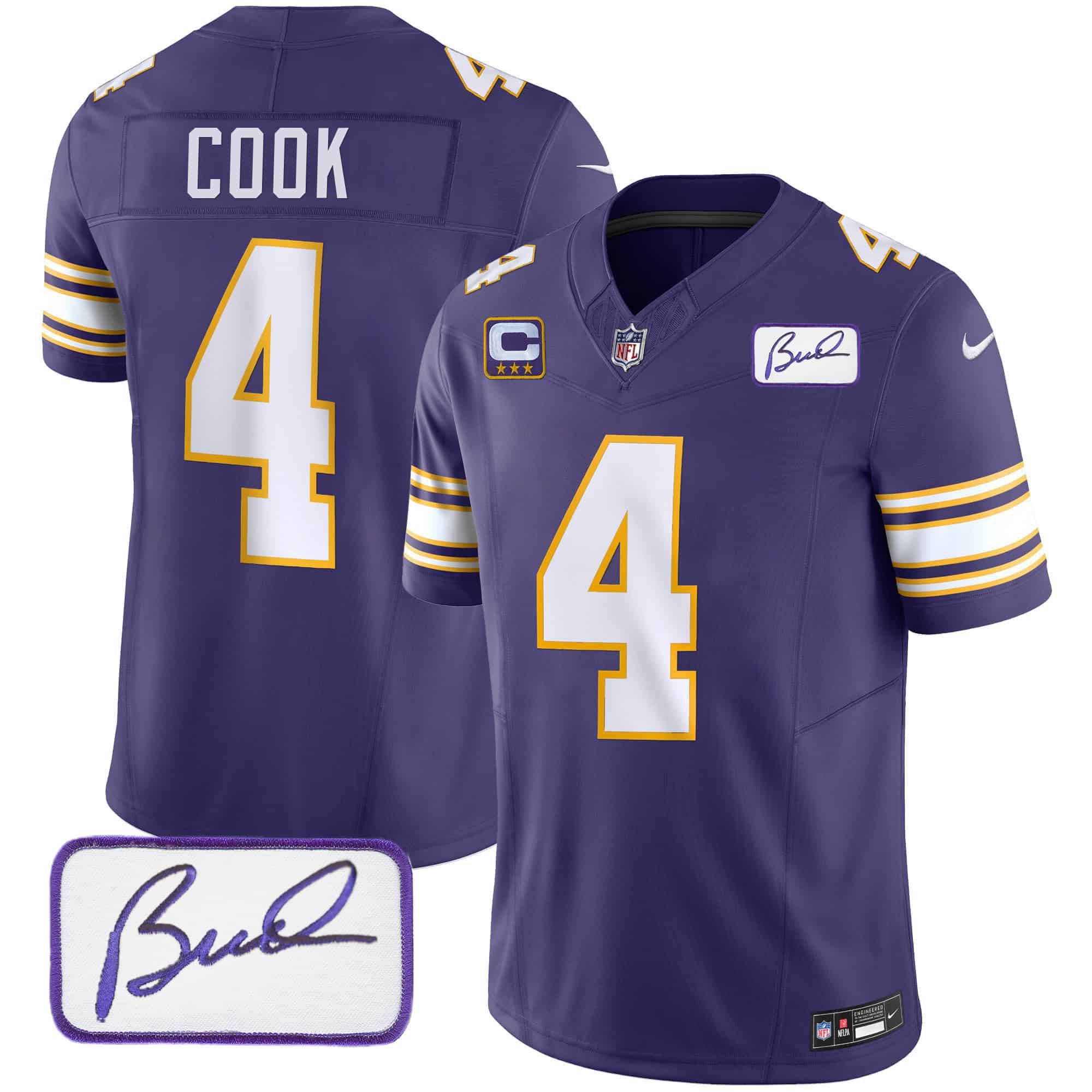 Men Minnesota Vikings #4 Cook Purple 2024 Nike Bud Grant Patch Classic Limited NFL Jersey style 1